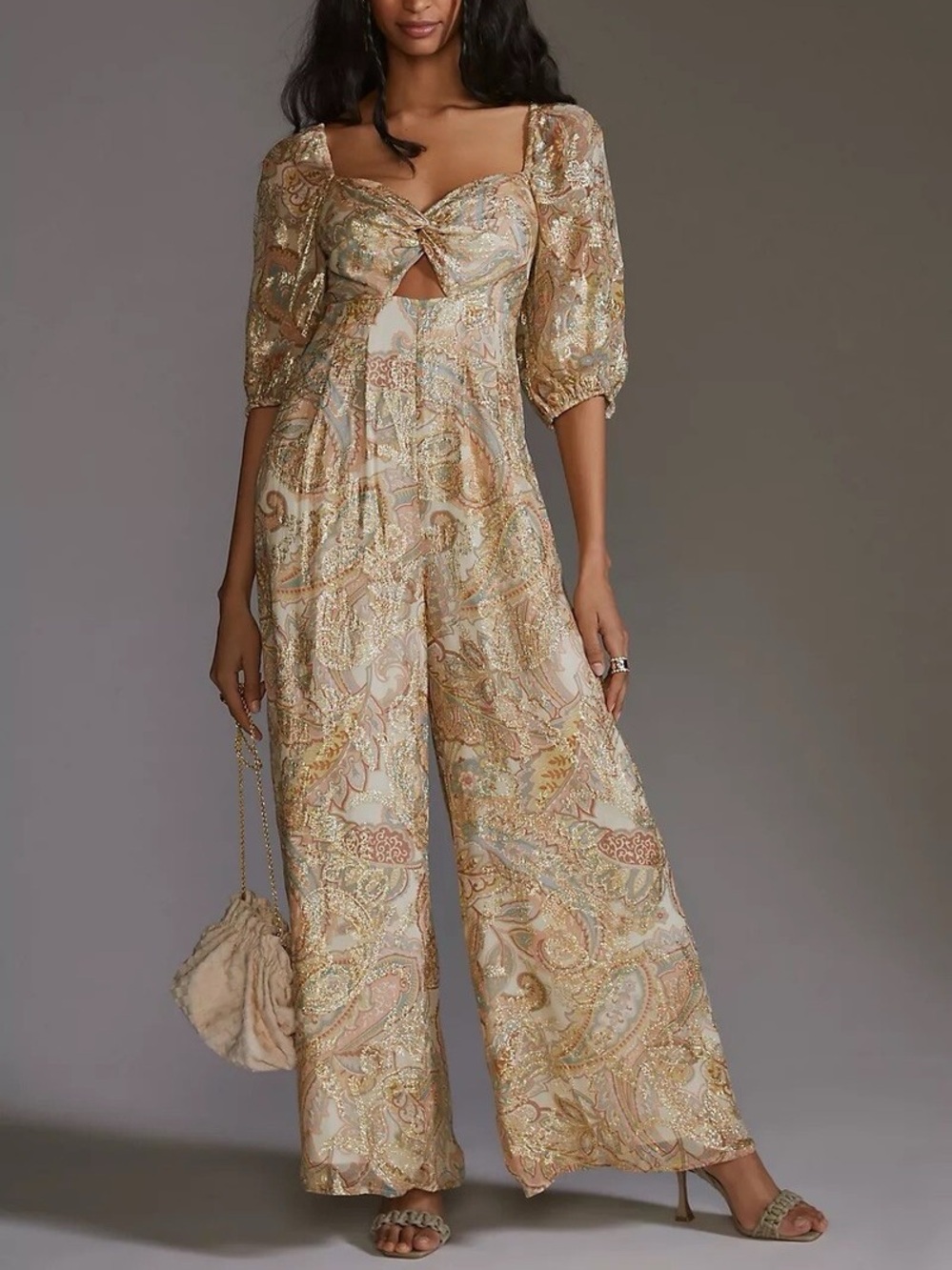 Anthropologie Ranna Gill Paisley Wide-Leg Jumpsuit in metallic gold